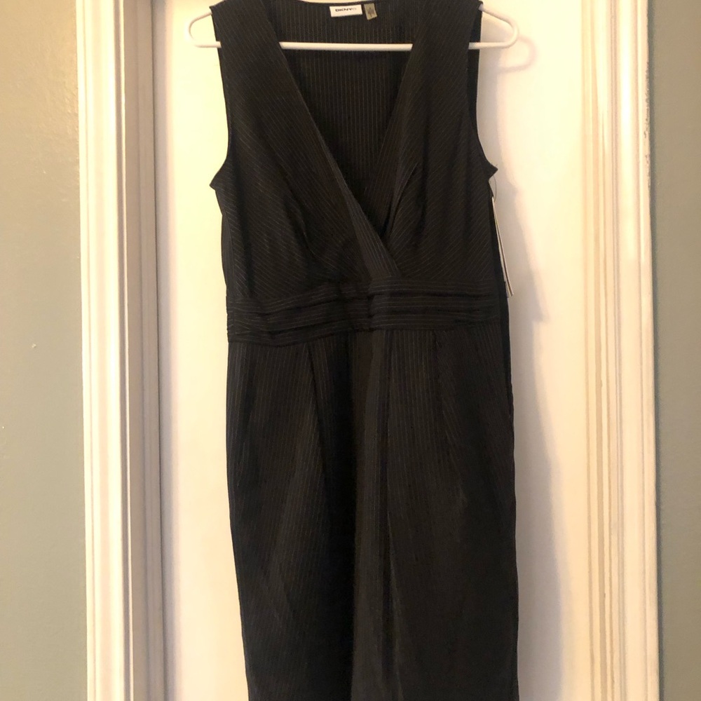 DKNYC Black Sleeveless V-Neck Midi Dress with white pinstripes